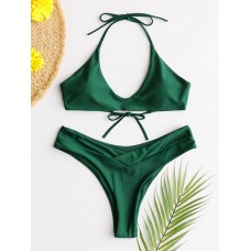 Women Green Halter String Backless Hot Thong Bikini