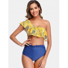 Women Floral Print One Shoulder Ruffles High Waist Designer Bikini