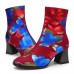 SOCOFY Fashion Flowers Printed Suede Warm Lined Elastic Slip On Chunky Heel Short Boots