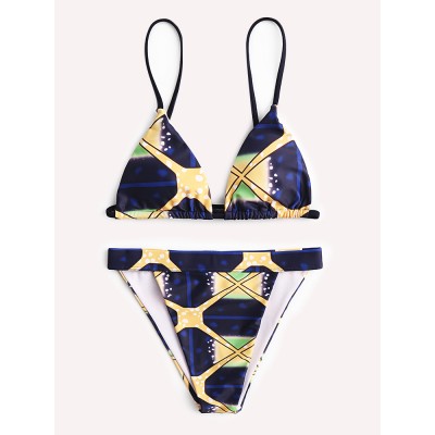 Women Geometric Print Triangle String Backless Swimsuit High Waist Bikini