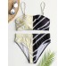 Women Chevron Solid Color Patchwork High Waist Bikini Beach Swimsuit