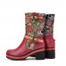 Socofy Women Retro Floral Printing Leather Soft Comfy Chunky Heels Mid  calf Boots