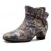 Socofy Women Retro Floral Printing Leather Square Toe Chunky Heels Ankle Booties