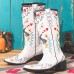 Women Floral Sweet Embroidery Leather Pointy  toe Chunky Heel Mid  calf Knight Boots